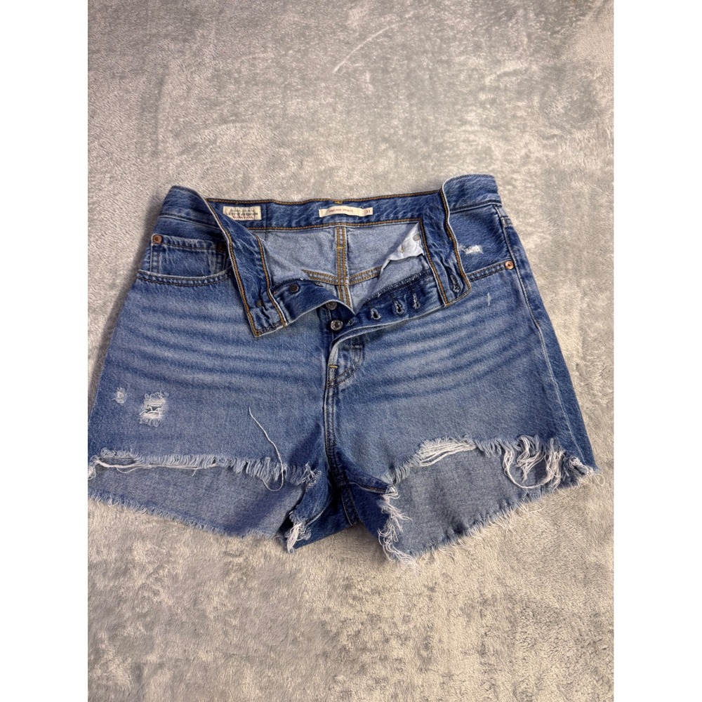 Levis Premium Ribcage Shorts Womens 31 Medium Wash Distressed Denim Button Fly